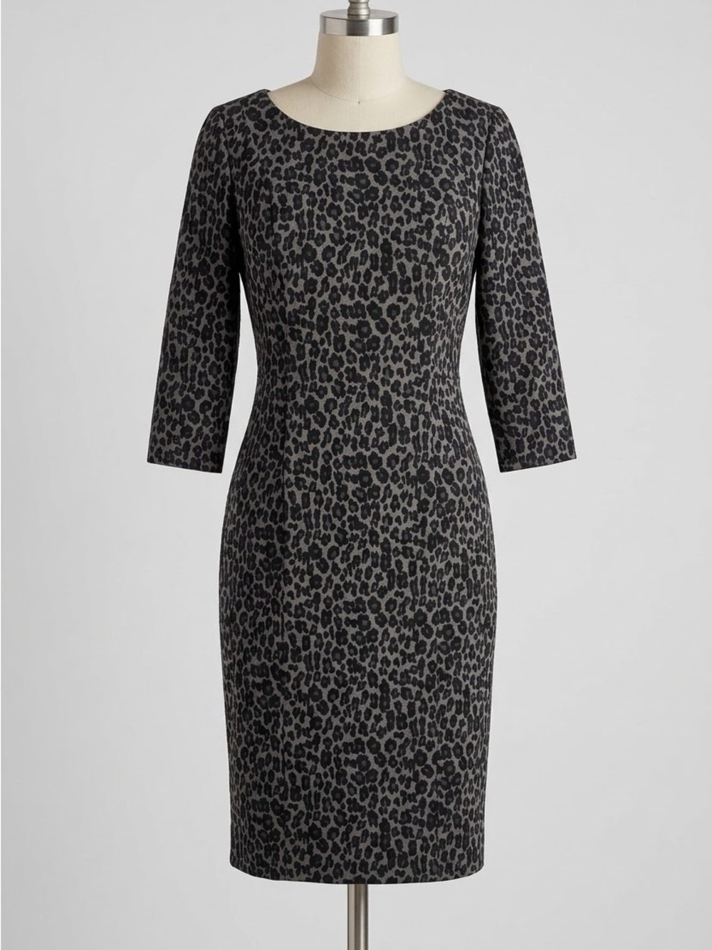 Talbots Grey and Black Leopard-Print Long Sleeve Sheath Dress